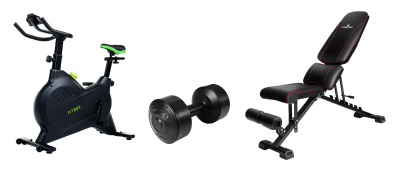エアロバイク、ダンベル、トレーニング器具