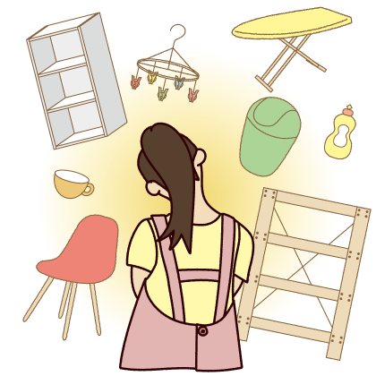 捨てようか悩む主婦の後ろ姿のイラスト